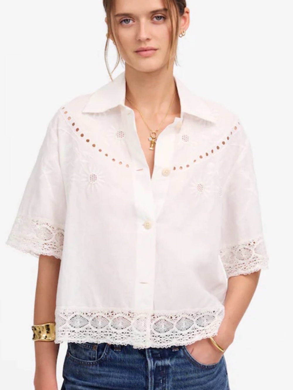 Cropped White Eyelet & Lace Button-Front Shirt